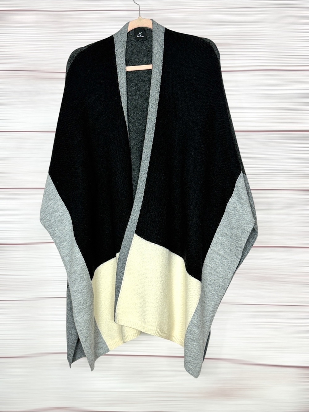 Echo Colorblock Ruana Poncho Shawl Wrap Open Front Black Gray Ivory One Size